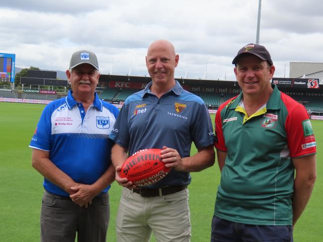 Deloraine Kangaroos president Don Tracey, Hawthorn's head of Tasmanian operations David Cox and Bridgenorth president Bobby Beams before the two clubs played in a fundraiser in 2023. Picture: Jon Tuxworth