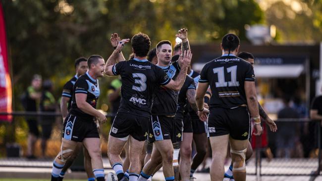 The Northern Sharks celebrate as they beat Nightcliff Dragons in the 2024 NRL NT prelim final. Picture: Patch Clapp / NRL NT