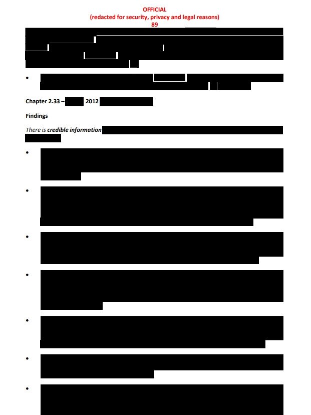 Many of the pages were blacked out completely, pending criminal investigations.