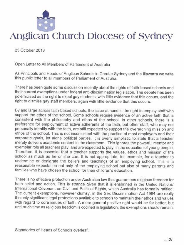 A letter from Anglican school principals across Sydney regarding the hiring and firing of staff based on their sexuality.