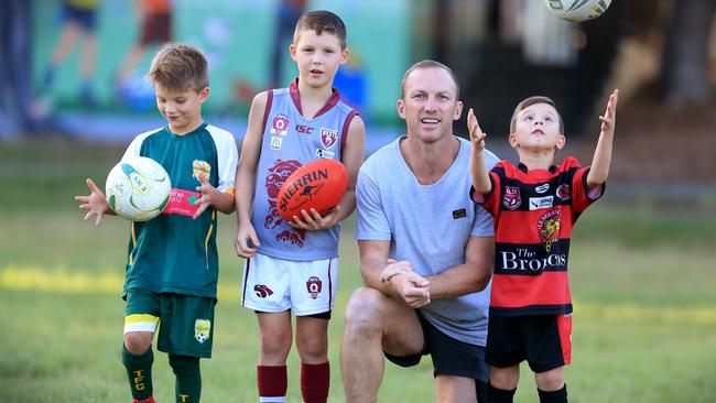 Darren Lockyer and wife Loren have welcomed a baby Cleo to their family. They have three sons: Glynn, Sunny and Hugo. Picture: Jamie Hanson