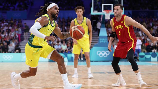 Patty Mills scored 19 points against Spain during the opening game of the Men's Group Phase - Group A match on day one of the Olympic Games Paris 2024 at Pierre Mauroy Stadium in Lille, France. (Photo by Gregory Shamus/Getty Images)