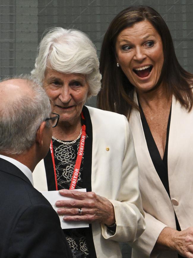 Marion Morrison and Jenny Morrison congratulate Scott Morrison after his valedictory speech to parliament. Picture: NCA NewsWire / Martin Ollman