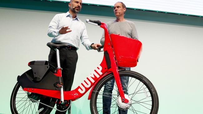 Uber CEO Dara Khosrowshahi, CEO of Uber and Axel Springer ecosystem CEO Christoph Keese present the new City Bike Sharing service of Uber called Jump in Berlin. Picture: Michele Tantussi/Getty Images