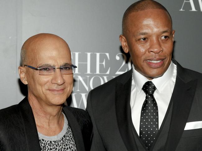 FILE - In this Nov. 5, 2014 file photo, Jimmy Iovine, left, and Dr. Dre, attend the WSJ Magazine 2014 Innovator Awards at MoMA in New York. Rapper Dr. Dre and record producer Iovine are being vilified as scam artists in a lawsuit that alleges the duo duped one of their former partners in Beat Electronics before selling the trendy headphone maker to Apple for $3 billion last year. The complaint filed Tuesday, Jan. 6, 2015, in San Mateo Superior Court accuses Dre and Iovine of double crossing Noel Lee, the founder of video and audio cable maker Monster LLC. (Photo by Andy Kropa/Invision/AP, File)