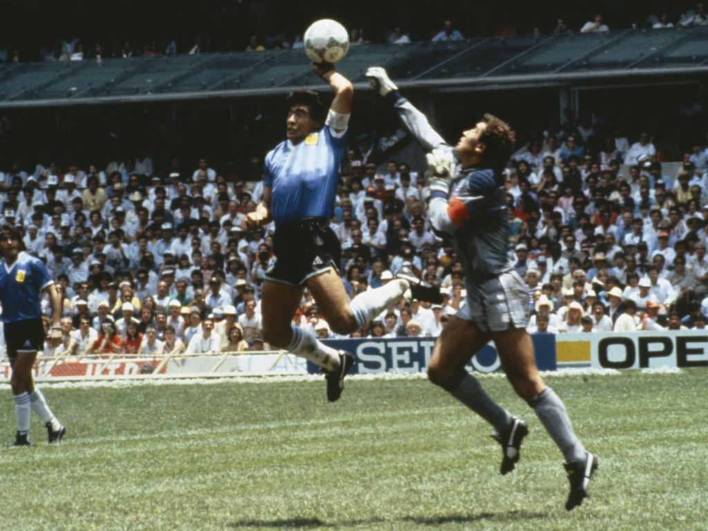 Diego Maradona changed strip before scoring his two goals, including the ‘Hand of God’ goal against England at the 1986 World Cu. Picture: Bob Thomas/Getty Images