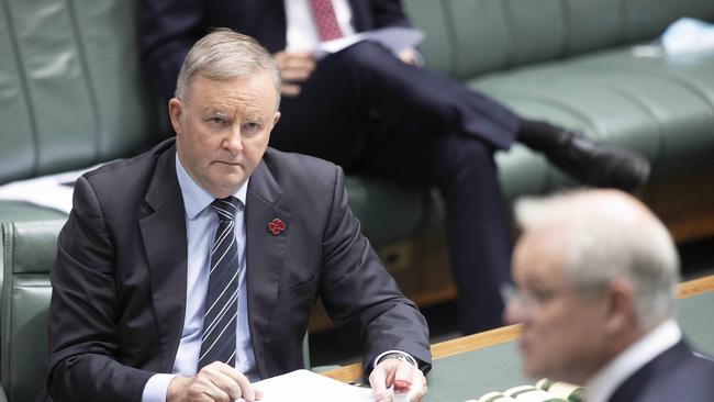 Anthony Albanese with Prime Minister Scott Morrison during Question Time at Parliament House in Canberra. Picture: NCA NewsWire / Gary Ramage