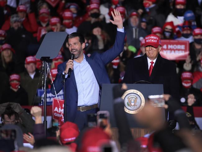 Don Jr. speaks during a campaign rally at the Kenosha Regional Airport in Kenosha, Wisconsin. Picture: AFP/Getty Images