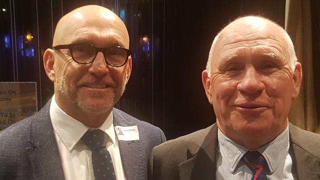 Wayne Banks (left) and former Queensland hooker Johnny Lang at the recent 100-year Celebration of Queensland’s rich primary schools rugby league history.