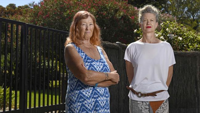 Lynda Yates and Joanna Wells oppose a plan to cut down nearly a dozen trees on a Brighton property owned by the Le Cornu family it wants to develop. Picture: Naomi Jellicoe