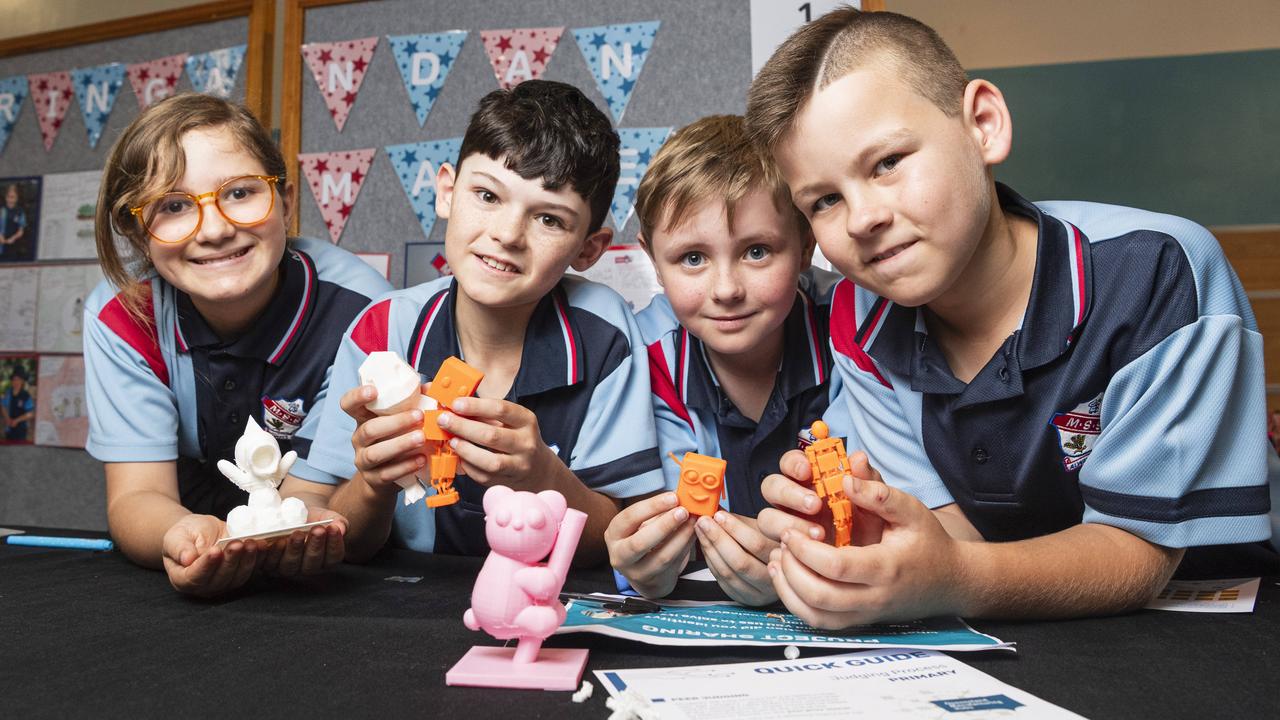 Meringandan State School students (from left) Victoria Geldenhuis, Eamon Brummel, Eric Andresen and Mason Comber with their mascots to replace gnomes at the STEM advanced manufacturing Makers Empire schools showcase at The Salo Centre, St Ursula's College, Monday, November 4, 2024. Picture: Kevin Farmer