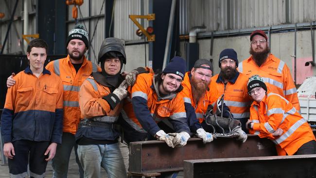 Apprentices Heath Corbett, Liam McKenzie, Hungwei Chen, Austen Furze, Lars Brumley-McKinniss, Jy Bennetts, Brenden Miskell and Iesha Swan participated in Hanlon Industries’ Apprentice Welding Competition. Picture: Alan Barber