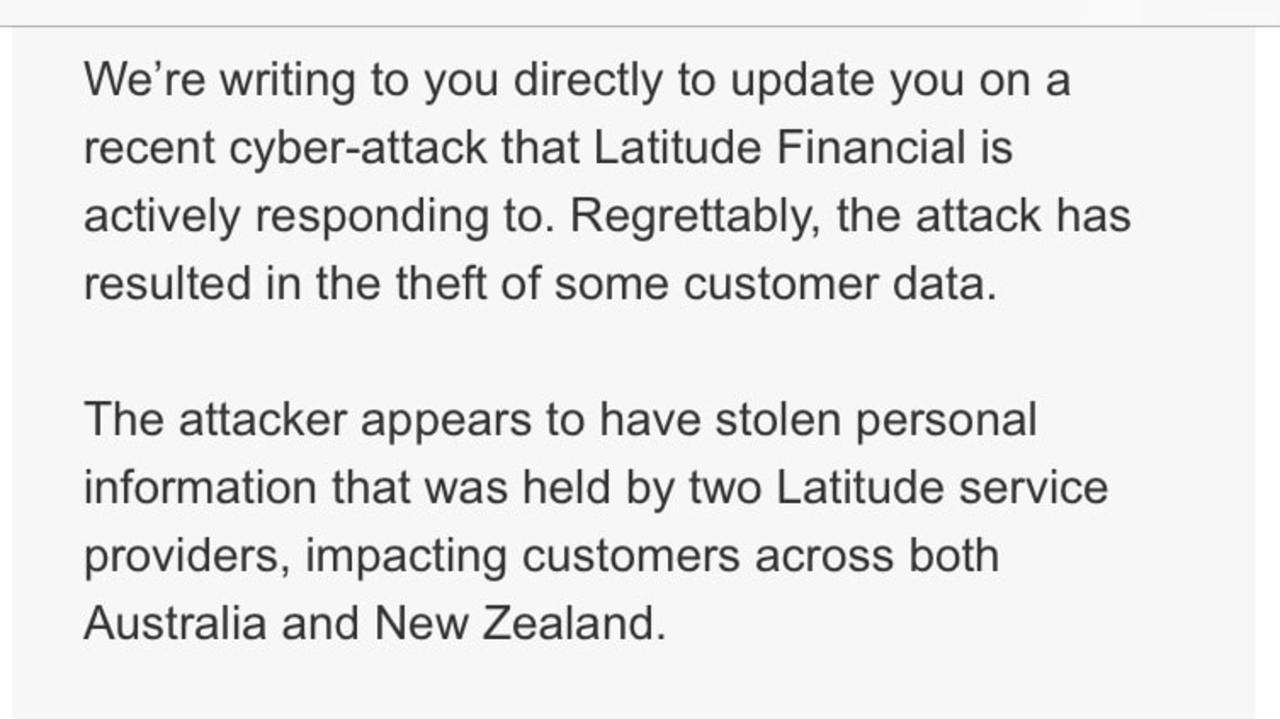 The email sent to Latitude customers two days after the attack was announced. Picture: Supplied