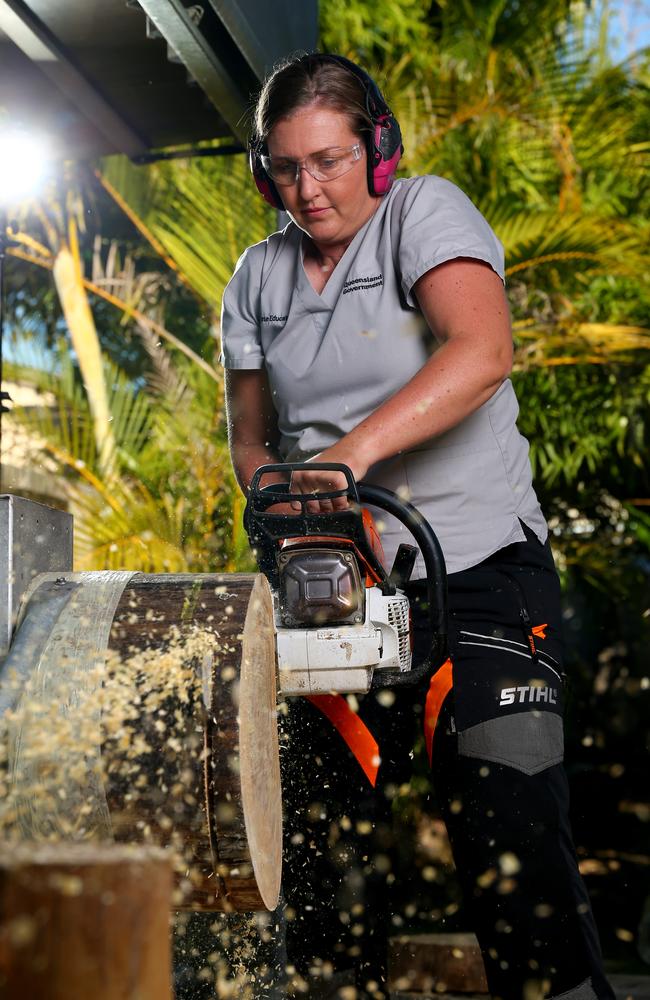 During the week Katrina Head is an ICU Nurse with Queensland health and on weekends she competes in Timbersports events along with her husband Jamie Head. Picture: David Clark