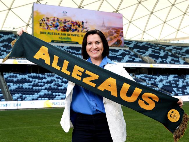 SYDNEY, AUSTRALIA - JULY 10: Chef de Mission for the Paris 2024 Australian Olympic Team Anna Meares poses during the team's final press conference in Australia ahead of the 2024 Paris Olympic Games, at Allianz Stadium on July 10, 2024 in Sydney, Australia. (Photo by Brendon Thorne/Getty Images)