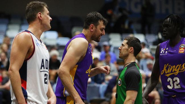Andrew Bogut talks to the umpire during the Sydney Kings’ disappointing NBL Blitz loss to Adelaide. Picture: Getty