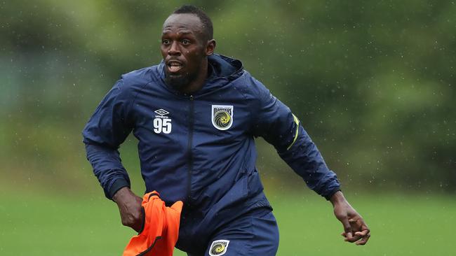 Olympic legend Usain Bolt has been soaking up advice from his Central Coast Mariners teammates as he tries to earn a contract with the club. Picture: Brett Costello