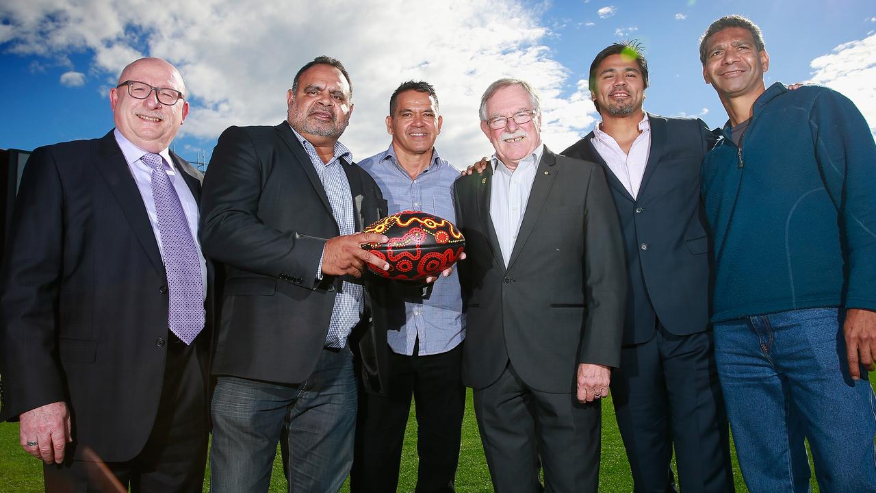 Tony Peek, Michael Long, Michael McLean, Ross Oakley, Che Cockatoo-Collins and Gilbert McAdam after an Essendon indigenous Discussion Panel.