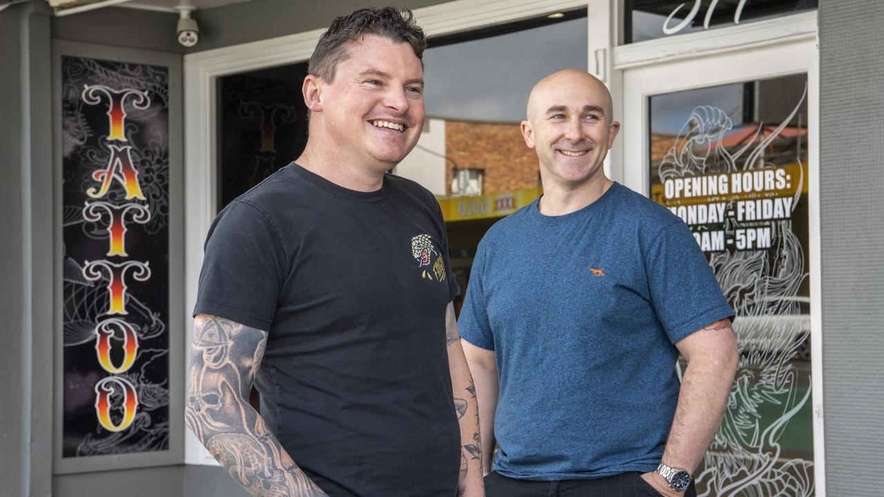 Scott Hornery (left) and Ben Smith from new business Whisky Time Tattoo. Picture: Nev Madsen.