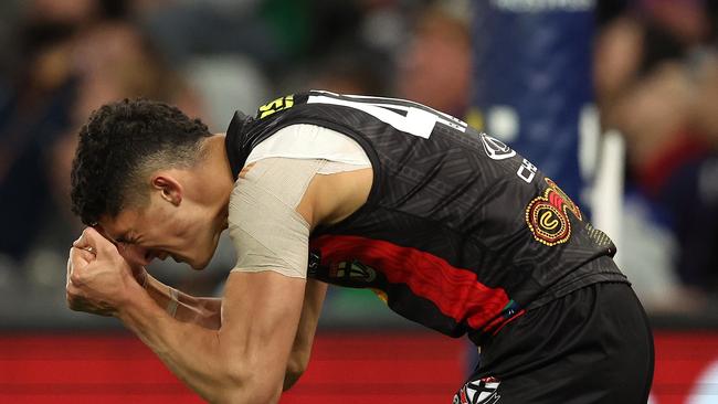 MELBOURNE, AUSTRALIA - MAY 18: Anthony Caminiti of the Saints reacts after an attempt on goal during the round 10 AFL match between Euro-Yroke (the St Kilda Saints) and Walyalup (the Fremantle Dockers) at Marvel Stadium, on May 18, 2024, in Melbourne, Australia. (Photo by Robert Cianflone/Getty Images)