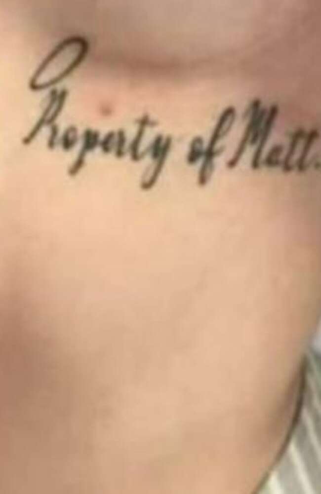 A woman bearing a tattoo saying she is the "Property of Matt M”. Picture: Facebook.