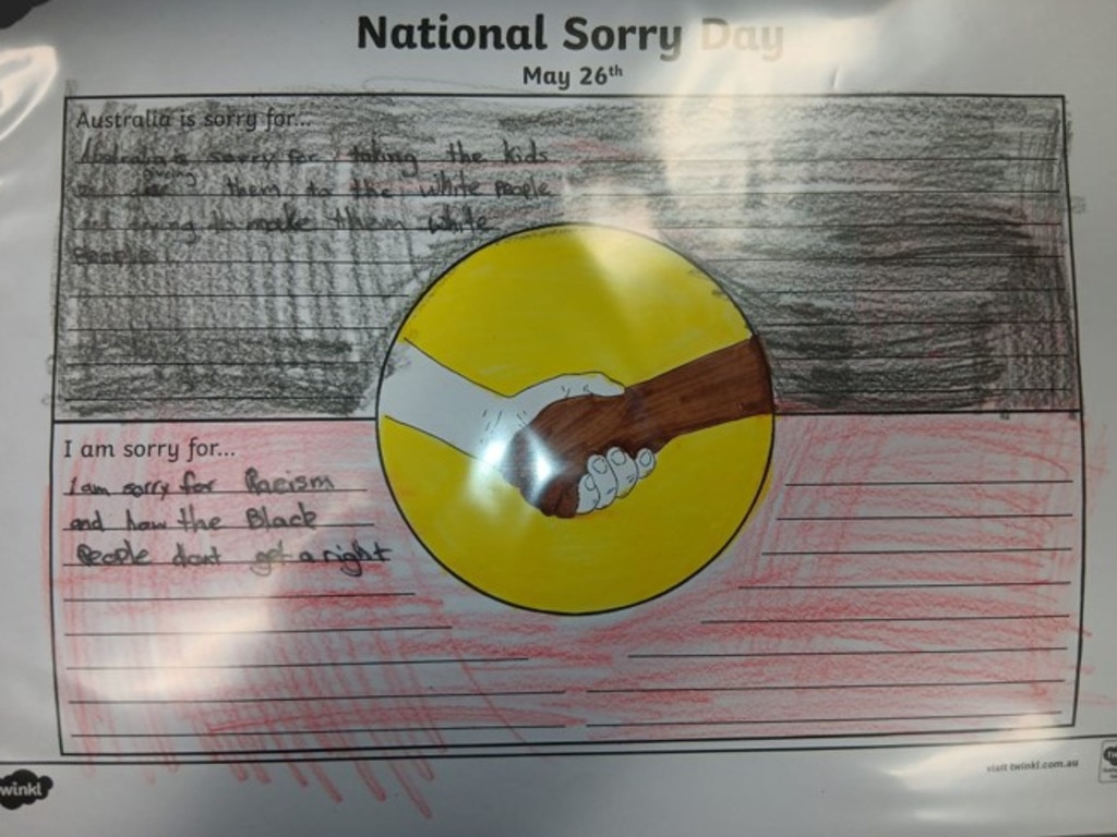 Students at a Palmerston primary school filled out these Sorry Day activities, according to the grandmother. Picture: Supplied