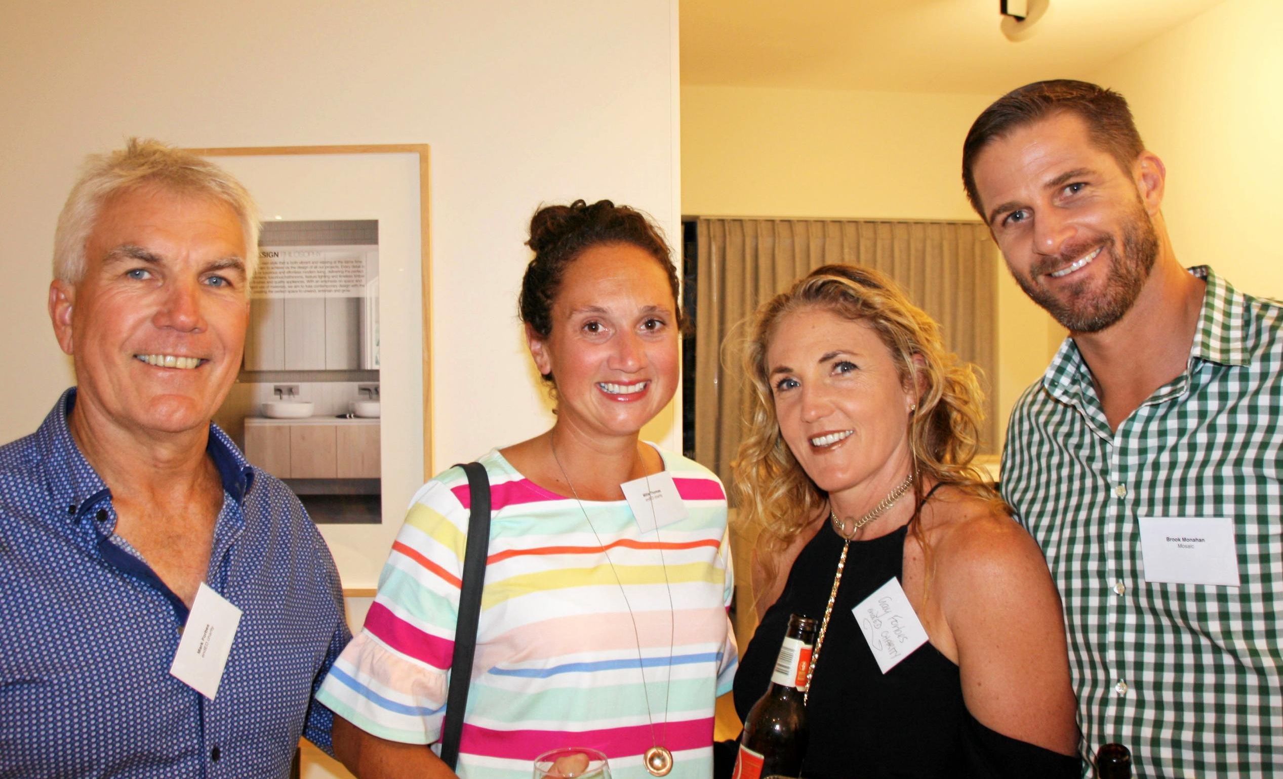 Mark Forbes, Millie Thomas and Gay Forbes of endED with Brook Monahan of Mosaic Property Group at the opening of Mosaic's new Sunshine Coast office at Duporth Avenue, Maroochydore. Picture: Erle Levey