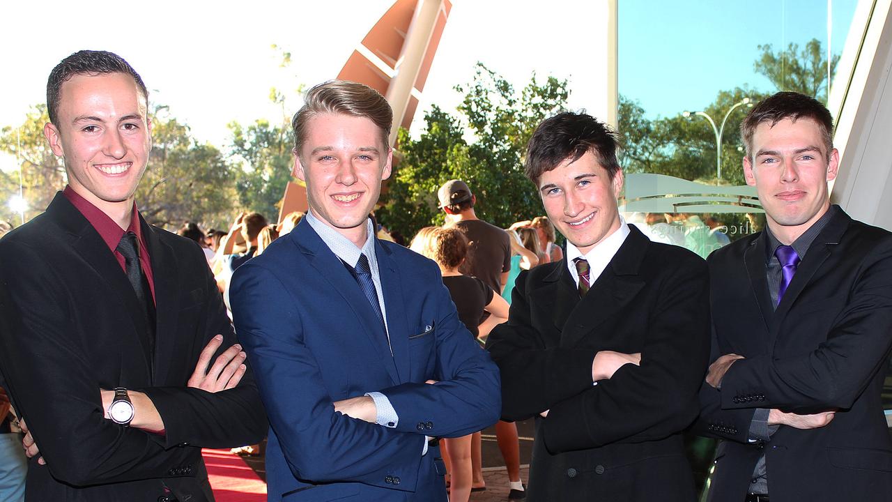 Shane Van Luenen, Austin Robertson, Jasper Edwards and David Boffa at the 2015 St Philip’s College formal at the Alice Springs Convention Centre. Picture: NT NEWS