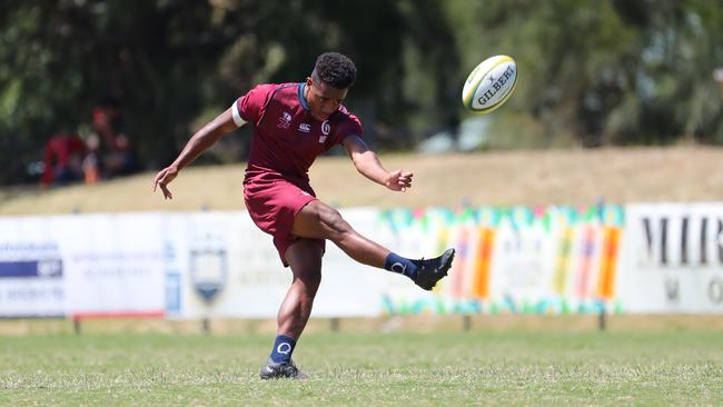 <b/>Auswide Bank Mal Meninga Cup Wide Bay Bulls player<b/>Adam Khan of Qld kicks the ball during the 18s Youth Boys Queensland and New South Wales during a Rugby 7s Series on Sunday, December 4, 2022 at Forshaw Park, Sylvania, Australia. (Photo by Jeremy Ng/Daily Telegraph News Local)