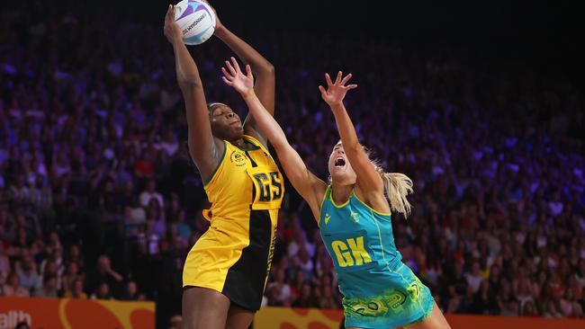 Sarah Klau frustrated Jhaniele Fowler and slowed down the circle feeds. Picture: Stephen Pond/Getty Images