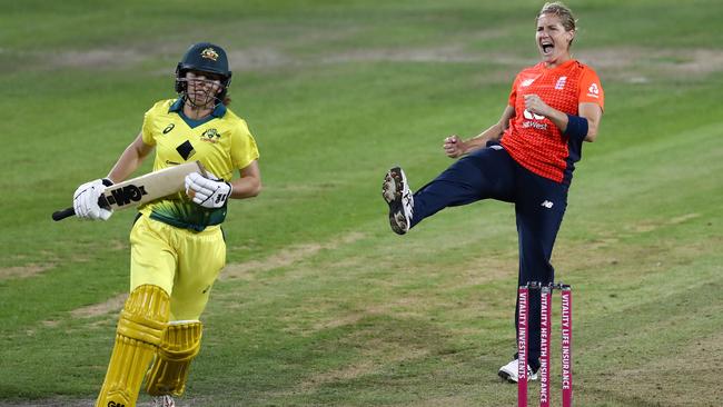 Katherine Brunt celebrates taking the wicket of Georgia Wareham.