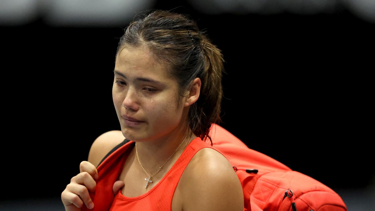 Emma Raducanu of Great Britain is in tears as she withdraws injured during her singles match against Viktoria Kuzmova of Slovakia on day four of the 2023 ASB Classic Women's at the ASB Tennis Arena on January 05, 2023 in Auckland, New Zealand. (Photo by Phil Walter/Getty Images)