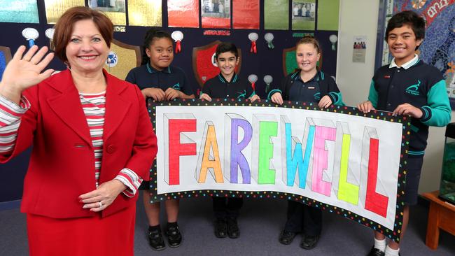 Craigieburn South Primary School students Shanayra, Gaith, Alana and Phillip will farewell Stella Garreffa on June 30. Picture: Ian Currie