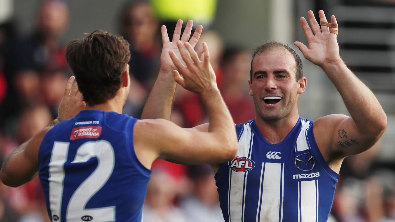 Ben Cunnington celebrates a goal during a game in Hobart earlier in the year. Picture: Dylan Burns/AFL Photos via Getty Images