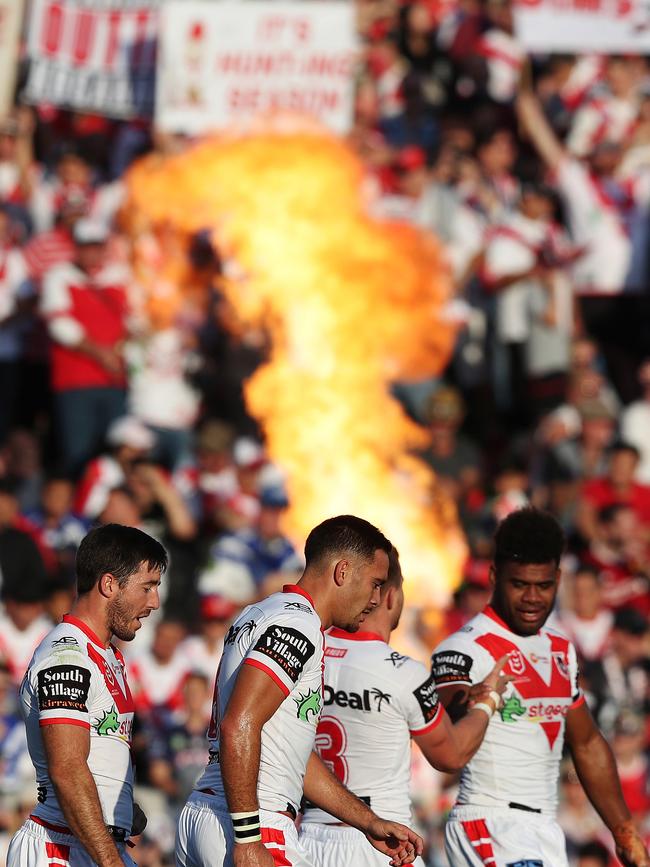 The Dragons fire up against the Bulldogs in round four. Picture: Brett Costello