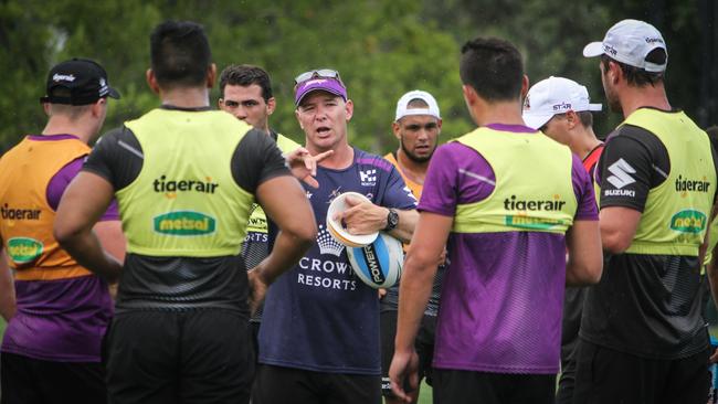 Adam O’Brien leads a Melbourne Storm training session