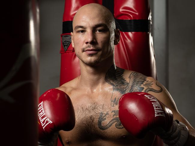 12th April 2022. The DailyTelegraph. SportWaterloo, Sydney , NSW.Pics by Julian Andrews.Portraits of boxer Mateo Tapia taken at Bondi Boxing Gym in Waterloo.Mateo was nearly killed in a car crash, then turned his life around and is now one of Australia's brightest boxing talents.