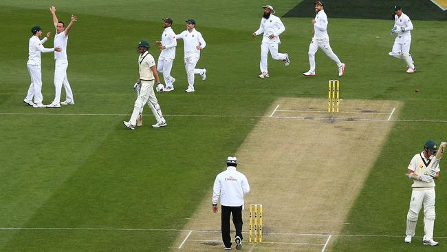 Kyle Abbott, of South Africa, celebrates the wicket of Mitchell Starc during day four of the Second Test match between Australia and South Africa at Blundstone Arena on November 15, 2016. Picture: Getty