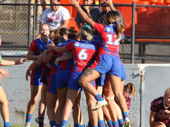 Knights players celebrate a try. Picture: Warren Gannon Photography