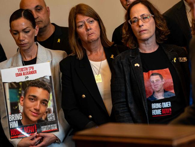 Yael Alexander, mother of Edan Alexander, left, and Orna Neutra, mother of Omer Neutra, second from right. Picture: Getty Images via AFP