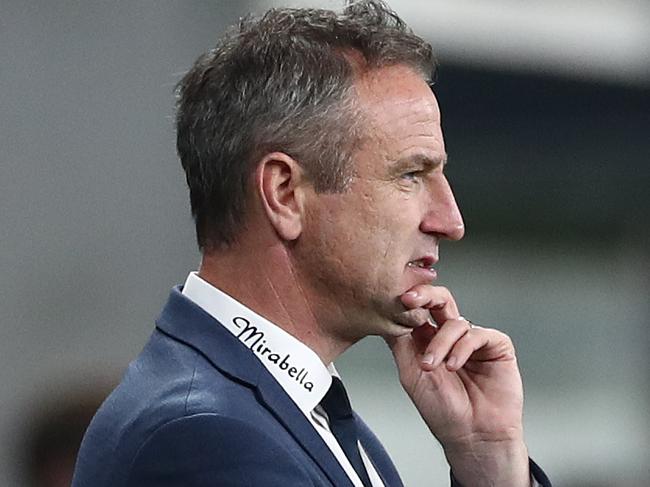 SYDNEY, AUSTRALIA - AUGUST 12: Victory coach Grant Brebner looks on during the round 27 A-League match between the Western Sydney Wanderers and the Melbourne Victory at Bankwest Stadium on August 12, 2020 in Sydney, Australia. (Photo by Cameron Spencer/Getty Images)