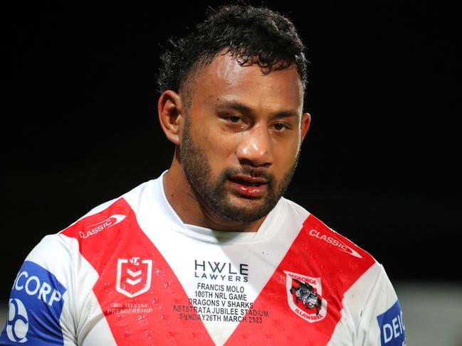 SYDNEY, AUSTRALIA - MARCH 26: Francis Molo of the Dragons reacts during the round four NRL match between St George Illawarra Dragons and Cronulla Sharks at Netstrata Jubilee Stadium on March 26, 2023 in Sydney, Australia. (Photo by Jeremy Ng/Getty Images)