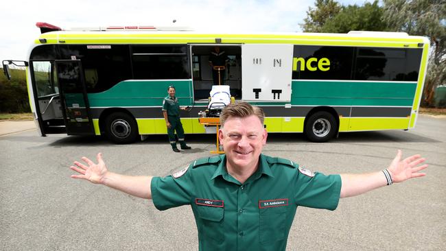 24.1.2016.Multi-patient ÔAmbusÕ to hit the road.AustraliaÕs first ambulance bus, which can be used to treat 12 patients at a time, has been launched in Adelaide today. Andy Long , Director of operations S.A. ambulance.  pic tait schmaal.