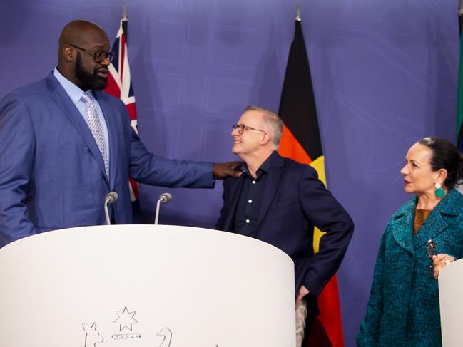 NBA legend Shaquille O'Neal with Anthony Albanese and Linda Burney at the weekend. Picture: NCA NewsWire / Monique Harmer