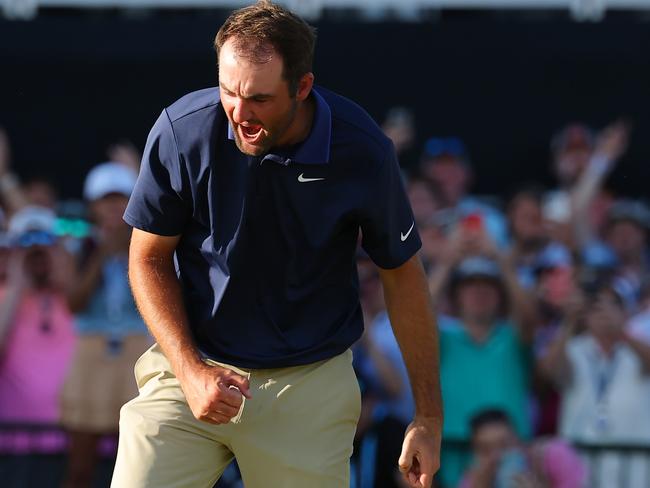 Scottie Scheffler celebrates on the 18th. Picture: Kevin C. Cox/Getty Images