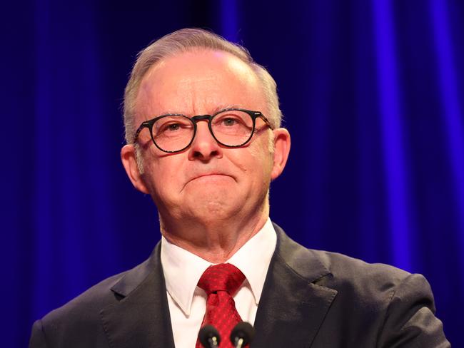 Prime Minister Anthony Albanese was tearful as he took the stage on Saturday night. Picture: Jason Edwards / NewsWire