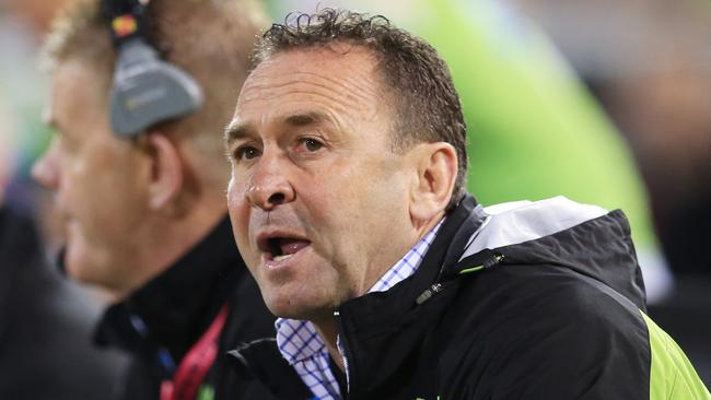 Raiders Ricky Stuart sits on the sideline during a game. Picture: Mark Evans