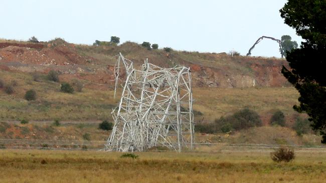 Powerline towers near Anakie were left battered and broken after last week’s gusty conditions. Picture: Alison Wynd