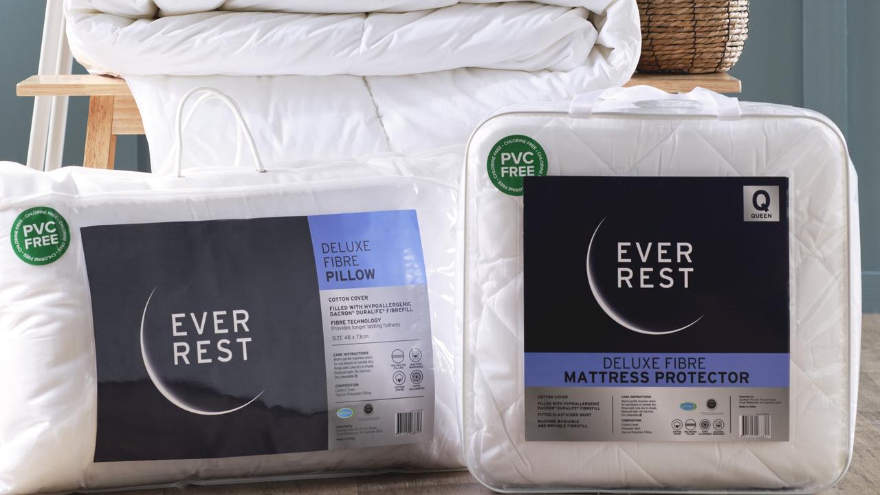 The hypo-allergenic Ever Rest Deluxe Fibre bedding is available in a mattress protector (right) and pillow.