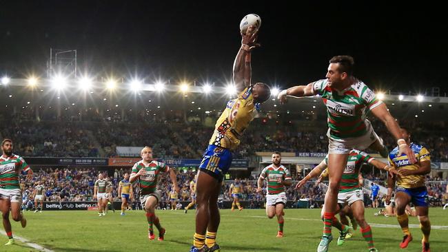 Semi Radradra grabs a high ball to score a try for the Eels. Picture: Mark Evans